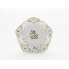 Schale, durchbr., Blume 2 mitte, bunt, Schilderornamente goldstaffiert, Goldrand, ø 23 cm