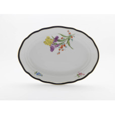 Platte, oval, Blume 2 schr&auml;g,bunt,k&ouml;nigsblauer Reifen glas.,Goldrd.u.Goldanschlu&szlig;fd., L 35 cm