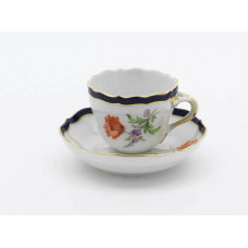 Espressotasse m.U., Blume 2 schräg,bunt,königsblauer Reifen glas.,Goldrd.u.Goldanschlußfd., V 0,1 l