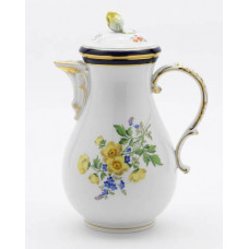 Kaffeekanne, Blume 2 schräg,bunt,königsblauer Reifen glas.,Goldrd.u.Goldanschlußfd., V 1,20 l