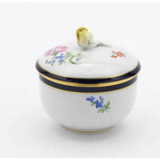 Zuckerdose, Blume 2 schräg,bunt,königsblauer Reifen glas.,Goldrd.u.Goldanschlußfd., ø 10 cm