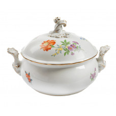 Terrine, rund mit Schnörkel, Blume 3 mitte, bunt, Goldrand, V 2,25 l