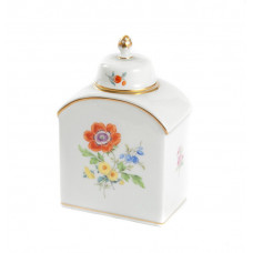 Teedose, Blume 3 mitte, bunt, Goldrand, H 9,5 cm