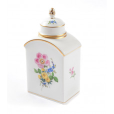 Teedose, Blume 3 mitte, bunt, Goldrand, H 14 cm