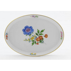 Platte, oval, Blume 3 mitte, bunt, Goldrand, L 18 cm