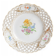 Teller, durchbr., Blume 3 mitte, bunt, Goldrand und Goldstaffage, ø 15 cm