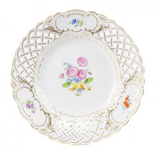 Teller, durchbr., Blume 3 mitte, bunt, Goldrand und Goldstaffage, ø 24 cm