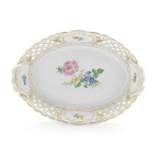 Korb, durchbr.  mit 2 Henkel, Blume 3 mitte, bunt, Goldrand und Goldstaffage, L 25 cm