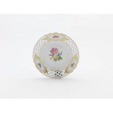 Teller, durchbr., Blume 3 mitte, bunt, Schilderornamente goldstaffiert, Goldrand, ø 15 cm