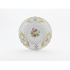 Teller, durchbr., Blume 3 mitte, bunt, Schilderornamente goldstaffiert, Goldrand, ø 21 cm