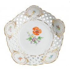 Schale, durchbr., Blume 3 mitte, bunt, Schilderornamente goldstaffiert, Goldrand, ø 23 cm