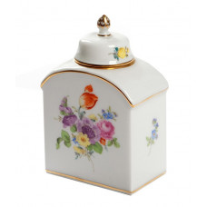 Teedose, Bukett mitte, bunt, Goldrand, H 9,5 cm