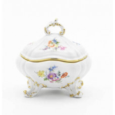 Dose auf 4 Füßen, Bukett mitte, bunt, Goldrand, 13x11 cm