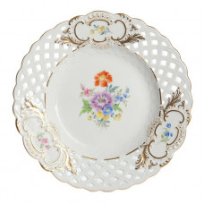 Teller, durchbr., Bukett mitte, bunt, Goldrand und Goldstaffage, ø 19 cm