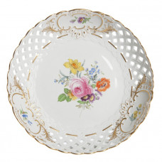 Teller, durchbr., Bukett mitte, bunt, Schilderornamente goldstaffiert, Goldrand, ø 19 cm