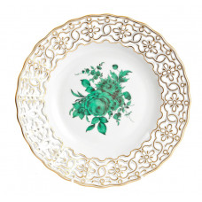 Teller, durchbr., Bukett mitte, kupfergrün, Goldrand und Goldstaffage, ø 21 cm
