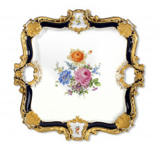 Platte, eckig, Bukett mitte, bunt, k&ouml;nigsblau glasiert, Goldbronze, L 40,5 cm