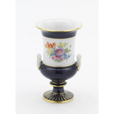 Vase, Bukett mitte, bunt, königsblau Hals und Fuß glasiert, Goldrand, H 14 cm