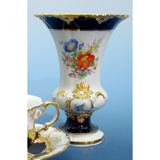 Vase, Bukett mitte, bunt, königsblau Hals und Fuß glasiert, Goldbronze, H 18,5 cm