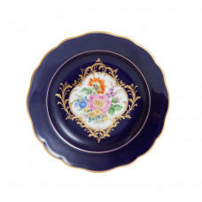 Teller, Bukett mitte,bunt,königsbl.glas.1 Schild,Goldgroteskes Schild,Goldrand, ø 14 cm