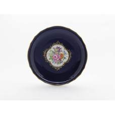 Kuchenschale, Bukett mitte,bunt,königsbl.glas.1 Schild,Goldgroteskes Schild,Goldrand, ø 28 cm