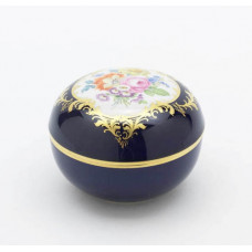 Dose, Bukett mitte,bunt,königsbl.glas.1 Schild,Goldgroteskes Schild,Goldrand, ø 9 cm