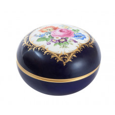 Dose, Bukett mitte,bunt,königsbl.glas.1 Schild,Goldgroteskes Schild,Goldrand, ø 13 cm