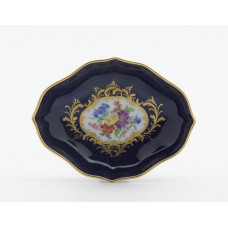 Sch&auml;lchen, Bukett mitte,bunt,k&ouml;nigsbl.glas.1 Schild,Goldgroteskes Schild,Goldrand, L 10 cm