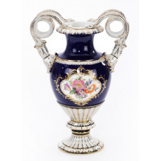 Vase, Bukett mitte,bunt,königsbl.glas.,Goldgrot.Schild,Gold angesp.,Goldrand, H 29,5 cm