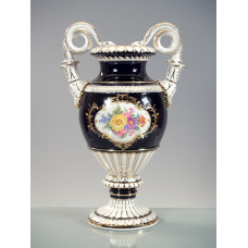 Vase, Bukett mitte,bunt,königsbl.glas.,Goldgrot.Schild,Gold angesp.,Goldrand, H 39 cm