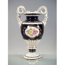 Vase, Bukett mitte,bunt,königsbl.glas.,Goldgrot.Schild,Gold angesp.,Goldrand, H 49 cm