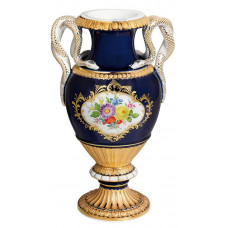 Vase, Bukett mitte,bunt,königsblau glasiert,Goldgroteskes Schild,Goldbronze, H 25,5 cm