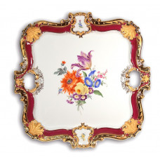 Platte, eckig, Bukett mitte, bunt, purpur glasiert, Goldbronze, L 40,5 cm