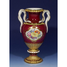 Vase, Bukett mitte, bunt, purpur glasiert, Goldgroteskes Schild, Goldbronze, H 25,5 cm