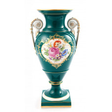 Vase, Bukett mitte,bunt,russischgrün glasiert,Goldgroteskes Schild,Goldrand, H 29 cm