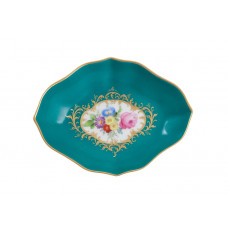 Sch&auml;lchen, Bukett mitte,bunt,russischgr&uuml;n glasiert,Goldgroteskes Schild,Goldrand, L 10 cm