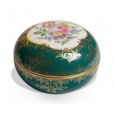 Dose, Bukett mitte,bt.,russ.-gr.glas.,Goldgrot.Schild,-spitzenk.-arab.-rand, ø 13 cm