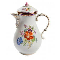 Kaffeekanne, Bukett schräg, bunt, königsblauer Reifen glas., Gold A-Kante, Goldrand, V 1,20 l