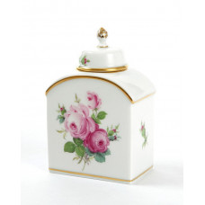 Teedose, Rosenbukett mitte, bunt, Goldrand, H 9,5 cm