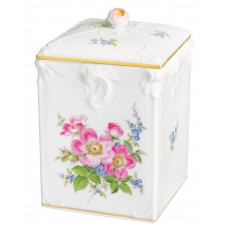 Teedose, Heckenrosenbukett mit Vergißmeinnicht, bunt, Goldrand, 23,5 cm