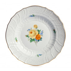 Teller, Rosenbukett mit Vergißmeinnicht, gelb, Goldrand, 18,5 cm