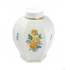 Dose, Rosenbukett mit Vergißmeinnicht, gelb, Goldrand, 14,5 cm