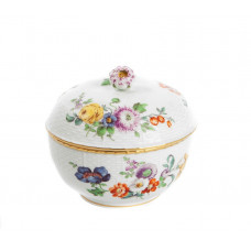 Zuckerdose, Bukett, alte Manier, bunt mit Kupferfarben, Goldrand, 9,5 cm