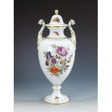 Vase, Bukett, alte Manier, bunt mit Kupferfarben, Goldrand, H 44 cm