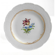 Teller,flach, Tulpe mit Zweig,kupfergr.Blätter,Marcolini-Malw.,Goldkante,weißer Rand, 18 cm