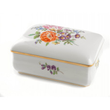 Dose, Bukett, bunt mit kupfergrün, Marcolini-Malweise, Goldrand, 12,5x8,5 cm