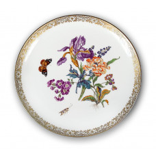 Kuchenschale rund, FF-Bukett,bunt,kupfergr.Blättch.alte Man.n.Kupferst.Goldkante,Goldrd., ø 28 cm