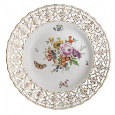 Teller, durchbr., Alte Blumenmalerei, bunt, mit Schmetterling, Goldrand, Goldstaffage, ø 29 cm