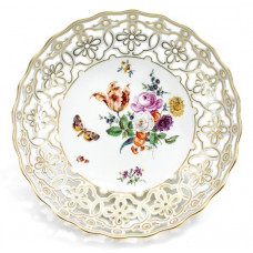 Schale,durchbr., Alte Blumenmalerei, bunt, mit Schmetterling, Goldrand, Goldstaffage, 28 cm