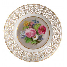 Teller, durchbr., Blumenmalerei n.Marcolini, bunt, m.Hintergrund, Goldrand, Goldstaffage, ø 24 cm